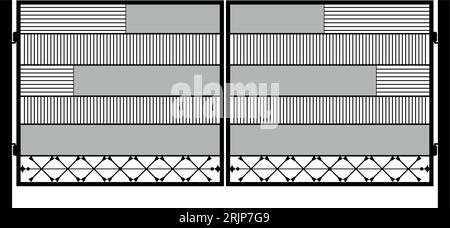 Moderne geschmiedete Tore, Torsymbole, Portalschilder, dekorative Metalltore mit Wirbeln, Pfeilen und Ornamenten, Vektor-Illustration Stock Vektor