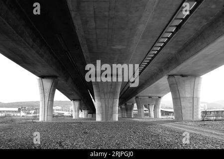 Blick von unten unter der Radotinbrücke, schwarz-weiß, in der Nähe von Prag, Tschechische Republik Stockfoto