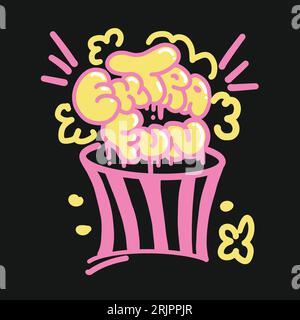 Graffiti-Schriftzug Extra lustig mit einem Eimer Popcorn in Gelb und Pink. Farbenfrohe Beschriftung im urbanen Stil mit Junk Food. Vektorillustration. Grooviger Hippie-Aufkleber für T-Shirts, Wallpaper, Handyhülle. Stock Vektor