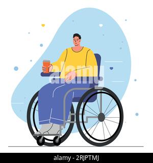 Lächelnder Mann, der im Rollstuhlvektor sitzt. Menschen mit Behinderung, Prothese, Amputation, Inklusion. Stock Vektor