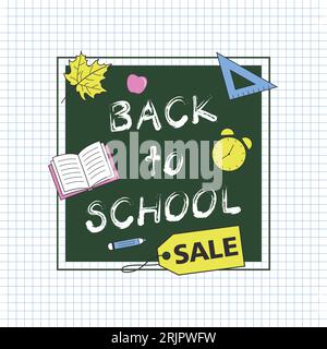 Back to School Sale Vektor-Banner auf dem karierten Hintergrund. Mit grüner Tafel und gelbem Aufkleber Stock Vektor