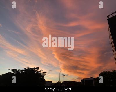 Ein niedriger Winkel von rosa Wolken am Himmel bei Sonnenuntergang Stockfoto