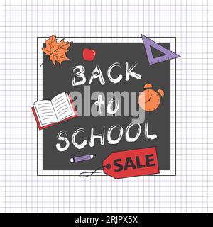 Back to School Sale Vektor-Banner auf dem karierten Hintergrund. Mit dunkelgrauer Tafel und rotem Aufkleber Stock Vektor