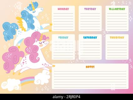 Wochenplaner mit süßen, glücklichen Einhörnern und Regenbogen. Schulungsplan für Kinder. Fahrplanentwurf mit Zauberpferden. Druckbar. Vektorillustration. Stock Vektor