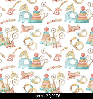 Pädagogisches Holzspielzeug als Zug, Uniform und Kamera für das nahtlose Muster des Aquarells für Kleinkinder. ECO natürlicher Sitzsack für Kinder zum Spielen und entwickeln von Babys Stockfoto