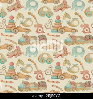 Pädagogisches Holzspielzeug als Zug, Uniform und Kamera für das nahtlose Muster des Aquarells für Kleinkinder. ECO natürlicher Sitzsack für Kinder zum Spielen und entwickeln von Babys Stockfoto