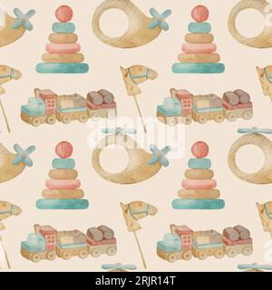 Pädagogisches Holzspielzeug als Zug, Uniform und Kamera für das nahtlose Muster des Aquarells für Kleinkinder. ECO natürlicher Sitzsack für Kinder zum Spielen und entwickeln von Babys Stockfoto