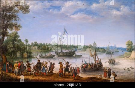 Die Abreise der Pilgerväter aus Delfshaven auf dem Weg nach Amerika 1620 von Adam Willaerts Stockfoto