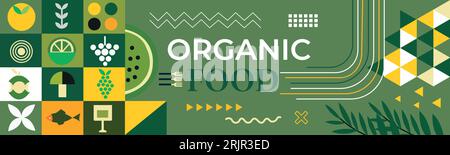 Banner für Bio-Lebensmittel im flachen Stil. Obst und Getreide abstrakte geometrische Retro-Formen. Ideal für Flyer, Web-Poster, Präsentation von Naturprodukten Stock Vektor