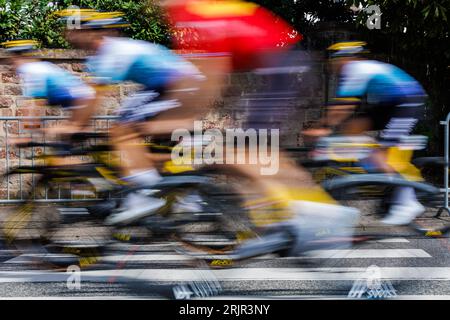 St. Wendel, Deutschland. August 2023. Radfahren: Tour durch Deutschland, St. Wendel (2,30 km), Prolog (Einzelzeitfahren). Fahrer sind während der Tour auf der Straße. Quelle: Alexander Neis/Eibner-Pressefoto/dpa/Alamy Live News Stockfoto