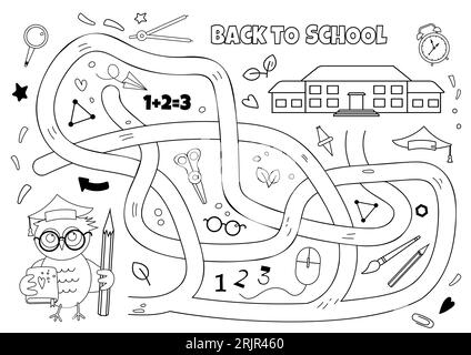 Vektorlabyrinth Farbbuch isoliert auf weißem Hintergrund. Hilf der Eule, in die Schule zu kommen. Schullogik-Spiel-Labyrinth für Kinder. Mit der Lösung. Stock Vektor