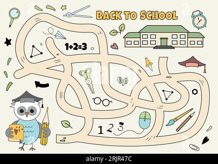 Vektorlabyrinth isoliert auf weißem Hintergrund. Hilf der Eule, in die Schule zu kommen. Schullogik-Spiel-Labyrinth für Kinder. Mit der Lösung. Stock Vektor