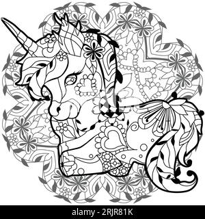 Unicorn zentangle auf Mandala. Kann zum Bedrucken von T-Shirts, Tapeten oder Poster verwendet werden. Stock Vektor