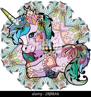 Unicorn zentangle auf Mandala. Kann zum Bedrucken von T-Shirts, Tapeten oder Poster verwendet werden. Stock Vektor