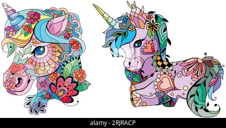 Einhörner im zentangle-Stil. Kann zum Bedrucken von T-Shirts, Tapeten oder Poster verwendet werden. Stock Vektor