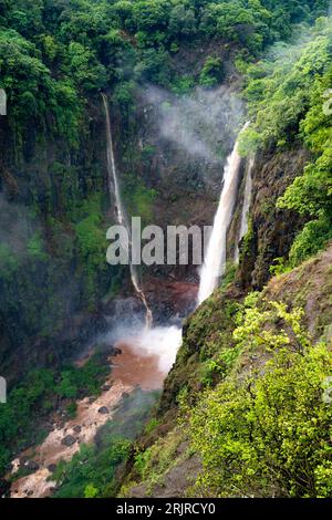 Ein vertikaler Wasserfall, der einen mit Grün bedeckten Felsen hinunterfällt Stockfoto