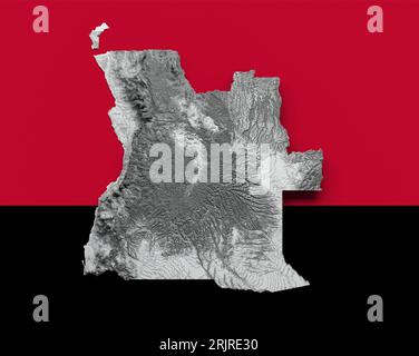 Eine Illustration der Reliefkarte Angolas auf der Flagge Stockfoto