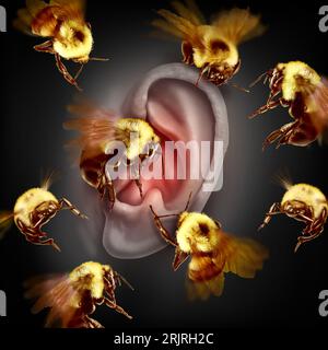 Tinnitus-Symptom und Ohrklingeln als Bienen, die ein Summgeräusch machen, als medizinisches Symptom und Diagnose eines Hörverlustes. Stockfoto