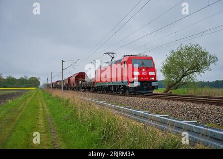 Eine landschaftlich reizvolle Aufnahme eines Zuges, der auf einer Strecke in Groß-Kreutz fährt, mit üppigem grünem Gras im Vordergrund Stockfoto