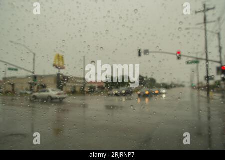 Los Angeles, Usa. August 2023. Regnerisches Wetter nach einem Erdbeben der Stärke 5,1 traf Südkalifornien gleichzeitig vom tropischen Sturm Hilary. (Foto: Alberto Sibaja/Pacific Press/SIPA USA) Credit: SIPA USA/Alamy Live News Stockfoto