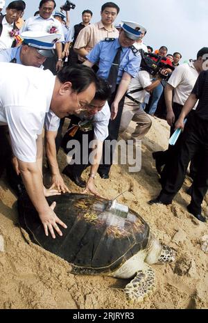 Bildnummer: 51516706 Datum: 23.10.2006 Copyright: imago/Xinhua Wasserschildkröte mit einem Peilsender wird am Strand in Freiheit entlassen in Huidong - PUBLICATIONxNOTxINxCHN, Personen , Tiere; 2006, Huidong, Guangdong, Reptilien, Wasserschildkröte, Wasserschildkröten, Schildkröte, Schildkröten, Freilassung, Umweltschutz, Tierschutz, Presse, Medien, Medieninteresse, Polizist, Polizisten, Mann, Männer, Sender,; , hoch, Kbdig, Total, China, Arbeitswelten, Gesellschaft, , Polizei, Staat, Stockfoto