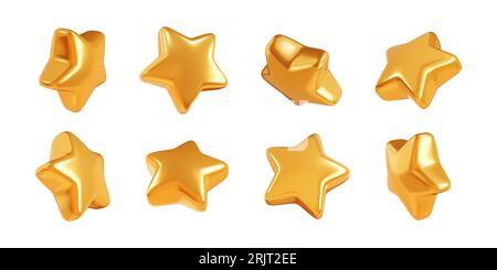 Floating golden glossy star in different angles 3d illustration collection. Stock Photo