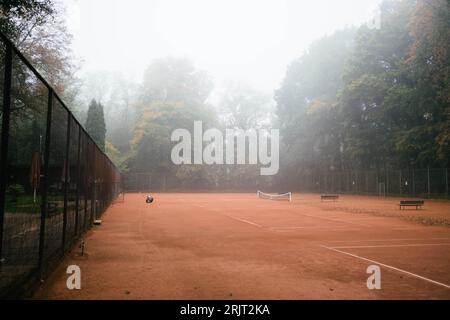 Ein leerer Tennisplatz im Wald im Nebel. Der Tennisspieler schlägt mit dem Schläger den Ball über das Netz und macht Sport. Stockfoto