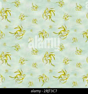 Seamless pattern with seaweed on gentle green background. Yellow algae. Hand painted watercolor illustration with fresh kelps. Underwater grass. Stock Photo