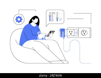 Smart Plugs abstrakte Konzeptvektorillustration. Die Frau steuert Stecker im Haus über Smartphone-App, nachhaltige Energiequellen, Smart-Home-Technologie Stock Vektor