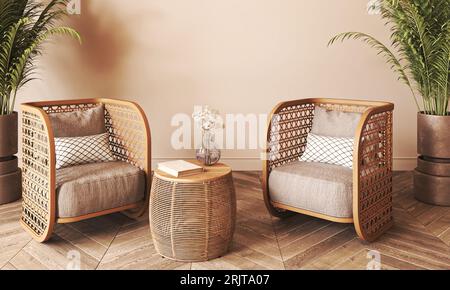 Japandi boho beige interior with green palm plants and armchair background. Light modern australian livingroom. 3d rendering. High quality 3d Stock Photo