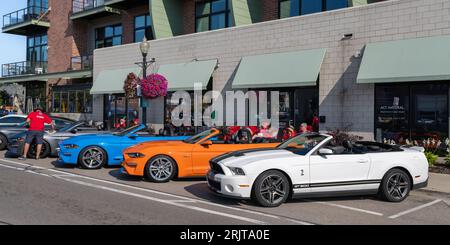 FERNDALE, MI/USA - 16. AUGUST 2023: Ford Mustang Cabriolet Cars, in Mustang Alley, auf der Woodward Dream Cruise Route. Stockfoto