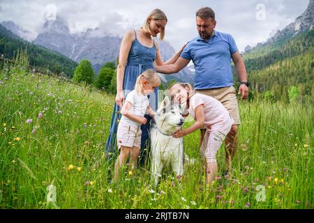 Vater und Mutter sehen Töchter, die mit Hund auf Gras spielen Stockfoto