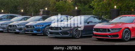 ROYAL OAK, MI/USA - 16. AUGUST 2023: Ford Mustang Cars auf der Woodward Dream Cruise Route. Stockfoto