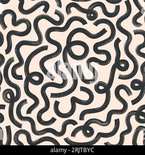Schwarze organische Pinselstriche mit nahtlosem Muster. Vektor monochromer Grunge-Hintergrund mit wellenförmigen Linien. Stock Vektor