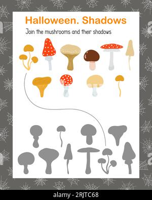 Waldpilze und Schatten passend Spiel, Thanksgiving Halloween Hexerei Urlaub Kinder Aktivitäten druckbare Arbeitsblatt, pädagogische Puzzle einfach s Stock Vektor