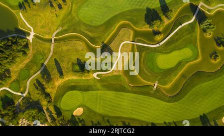 Ein atemberaubender Blick auf einen üppigen, grünen Golfplatz, der von Bäumen umgeben ist Stockfoto