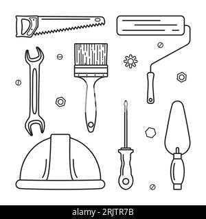 Vektorillustration. Eine Reihe von Symbolen für den Arbeitstag in linearer Form. Stock Vektor