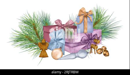 Komposition von Geschenkboxen, Weihnachtsdekorationen digitale Illustration Aquarellstil isoliert auf weiß. Kiefernzweig, Hirsch, Engel von Hand gezeichnet. Element Stockfoto