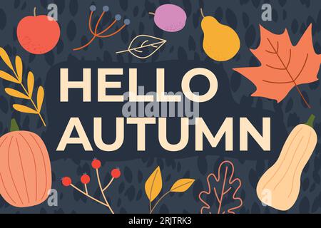 hallo Herbsttext und Kürbis, Blätter, Apfel, Birne, Pflaume und andere herbstbezogene Symbole - Vektorillustration Stock Vektor