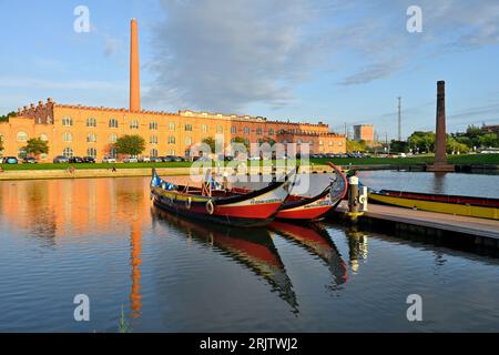 Traditionelles, hell bemaltes touristisches Moliceiros, am Ende des Kanals im Parque da Fonte Nova mit IEFP Kultur- und Kongresszentrum, hinter Aveiro, Portu Stockfoto