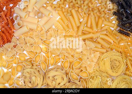 Pasta-Arten - Rigatoni, Spirali, Farfalle, Tagliatelle, Tricolore Fusilli und Vermicelli. Stockfoto