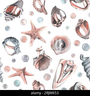 Various broken seashells and starfish, bubbles. Watercolor illustration hand drawn. Seamless pattern for fabric textiles, wallpaper, packaging, beach Stockfoto
