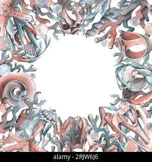 Muscheln, Seesterne, Blasen, Algen und Korallen türkis. Handgezeichnete Aquarelle. Kreisrahmen, Kranz, Schablone auf weißem Hintergrund Stockfoto