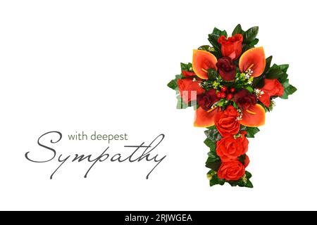 Sympathy or Condolence card with floral cross isolated on white background Stock Photo