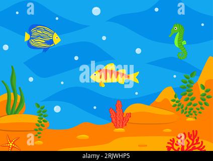 Zeichentrickfilm Unterwasserlandschaft. Meer und Ozean unter Wasser, Vektorhintergrund auf Spielebene mit Korallenriffen und Meerestieren Stock Vektor