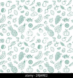 Nahtloses Muster für Obst und Gemüse. Doodle Food Elements Vektorhintergrund. Handgezeichnete Umrisszeichnung von Ananas, Bananen, Traube, Kürbis Stock Vektor