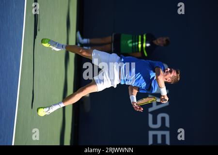 New York, Usa. August 2023. Der belgische Kimmer Coppejans wurde während seines Qualifikationsspiels gegen den Kanadier Gabriel Diallo beim US Open Grand Slam Tennis Turnier in Flushing Meadow, New York City, USA, abgebildet. BELGA FOTO TONY BEHAR Credit: Belga News Agency/Alamy Live News Stockfoto