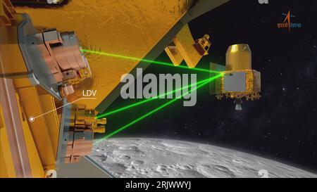 Bengaluru, Indien. August 2023. Ein simuliertes Bild wird auf dem Bildschirm während der Live-Übertragung der Landung der Chandrayaan-3-Raumsonde auf dem Südpol des Mondes am ISRO Telemetry Tracking and Command Network (ISTRAC) Center in Bengaluru am 23. August 2023 abgespielt. Indien schrieb am Mittwoch, den 23. August, Geschichte und wurde die erste Nation, die auf der Südpolregion des Mondes landete. Foto der Indian Space Research Organization (ISRO) / UPI/Alamy Live News Stockfoto