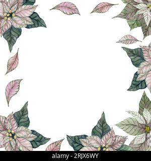 Christmas frame made poinsettia. Flowers and leaves. Isolated watercolor illustration Stockfoto