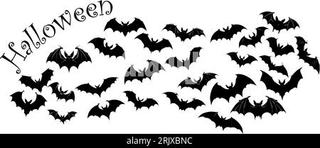 Furchterregende Schwarzfledermäuse, isoliert auf weißem Vektor. Halloween Hintergrund. Fliegender Fuchs Nachtkreaturen Illustration. Silhouetten fliegender Fledermäuse Stock Vektor